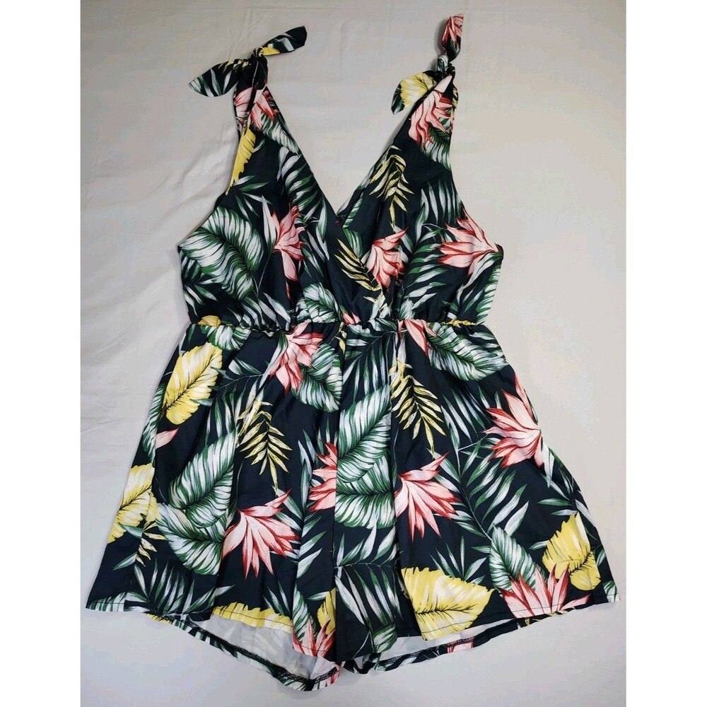 Tropical Print Tie Strap Romper Sz 2X Floral Palm Leaves Beach Summer Jumpsuit